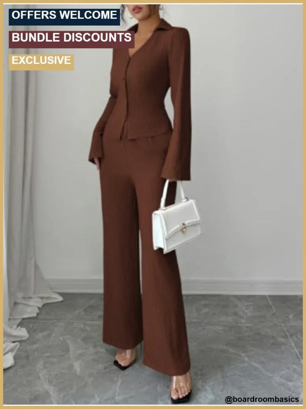Women's Two Piece Lounge Set Collared Button Top Wide Leg Pants